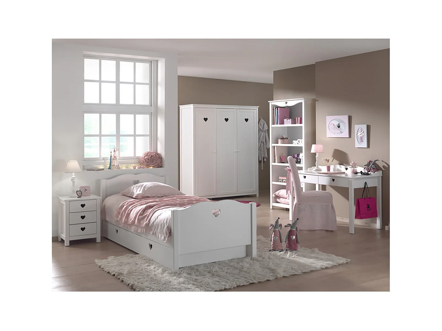 MILADY - Chambre 90x200cm + Chevet + Armoire 3P + Pack Bureau