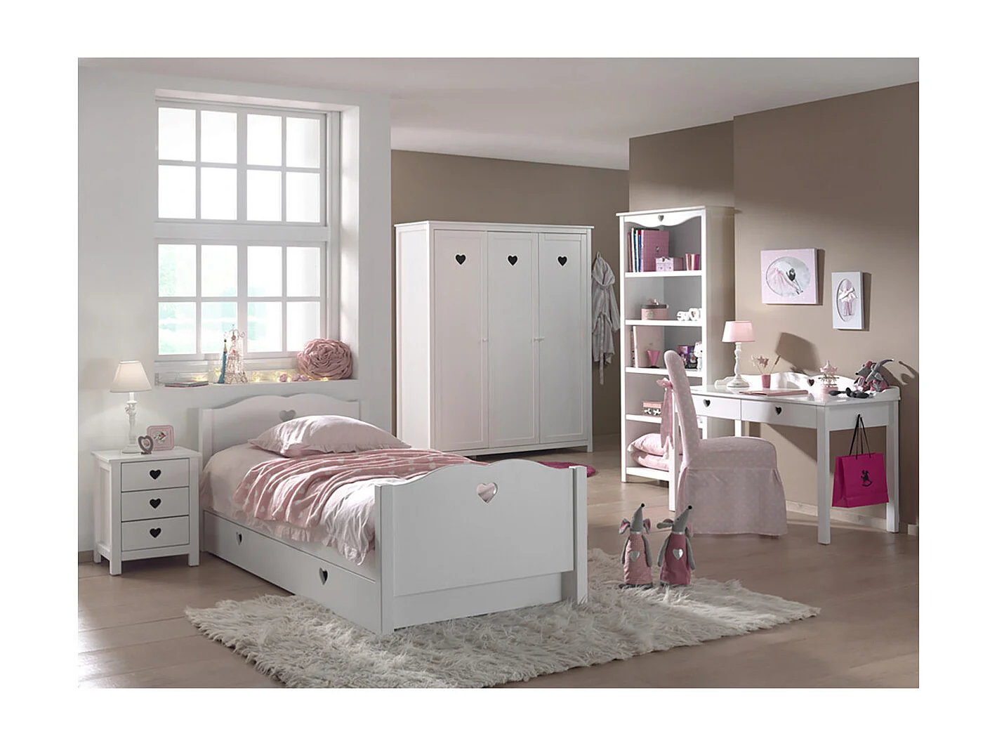 MILADY - Chambre 90x200cm + Chevet + Armoire 3P + Pack Bureau