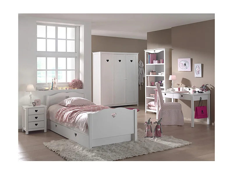 MILADY - Chambre 90x200cm + Chevet + Armoire 3P + Pack Bureau