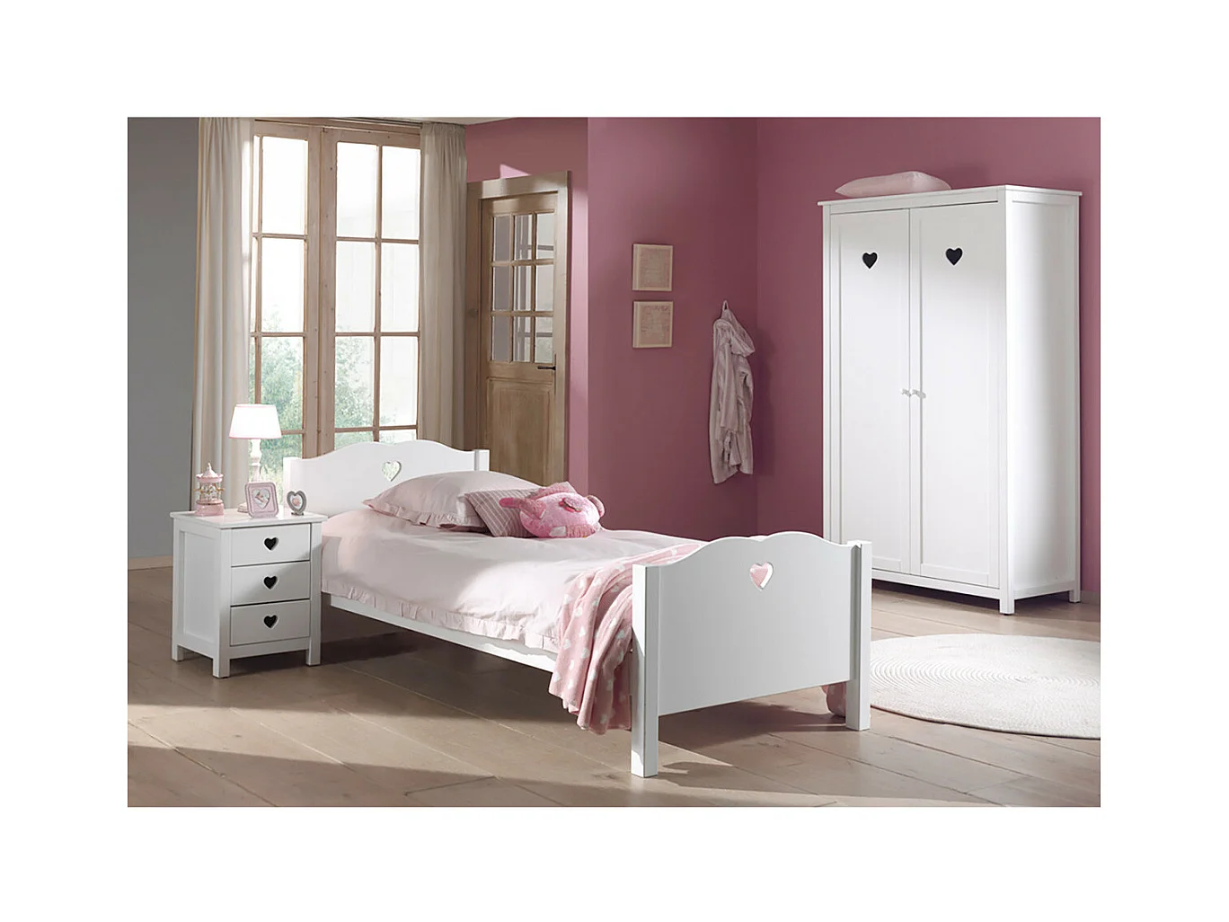 MILADY - Lit 90x200cm avec Sommier + Chevet + Armoire 2P