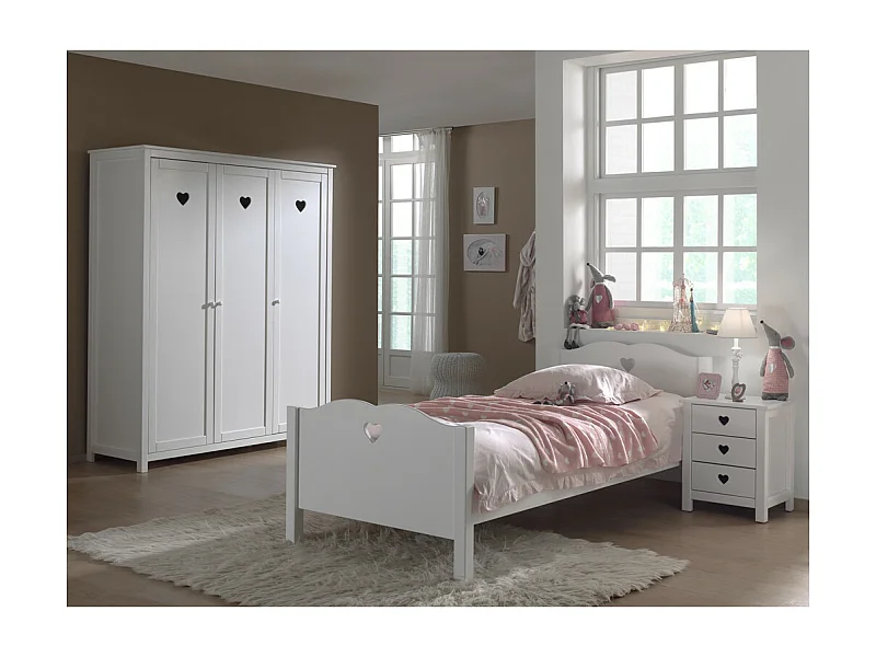MILADY - Lit 90x200cm + Chevet + Armoire 3 Portes