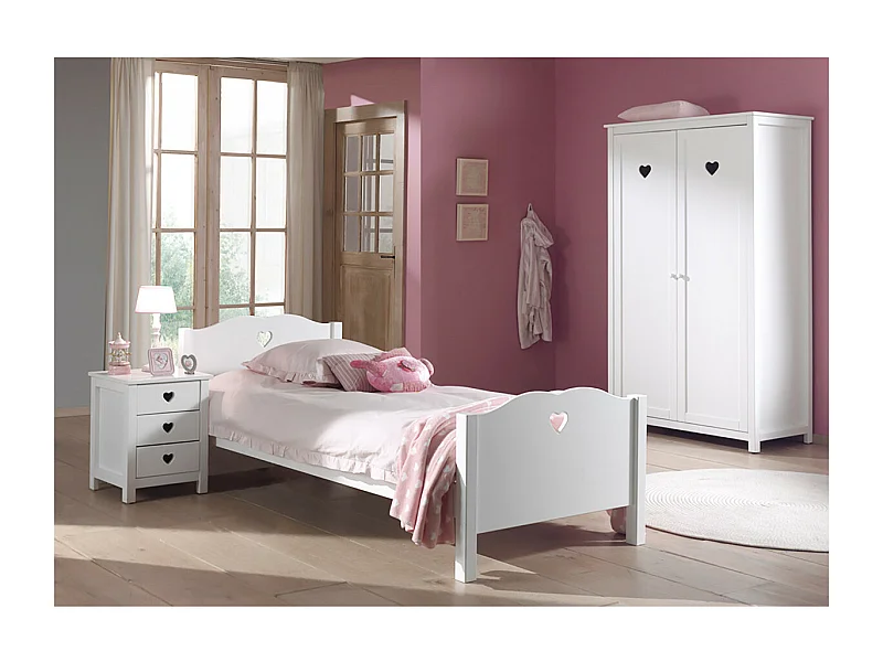 MILADY - Lit 90x200cm + Chevet + Armoire 2 Portes