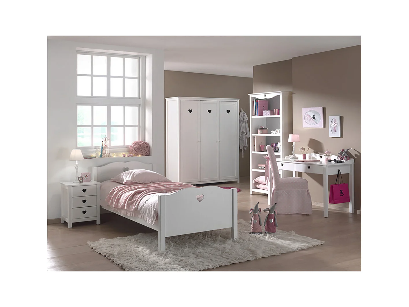 MILADY - Lit 90x200cm avec Sommier + Chevet + Armoire 3P + Pack Bureau