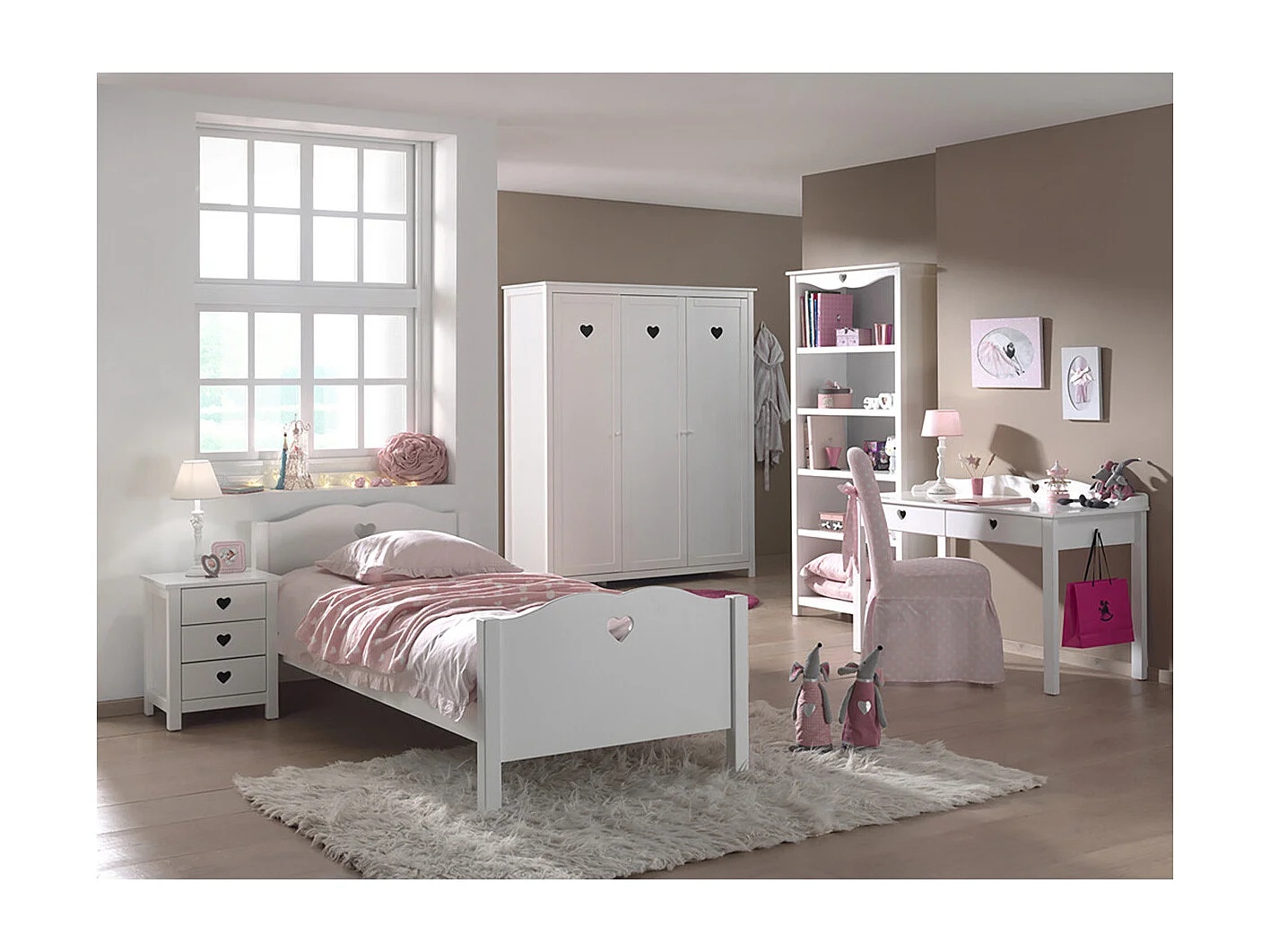 MILADY - Lit 90x200cm avec Sommier + Chevet + Armoire 3P + Pack Bureau
