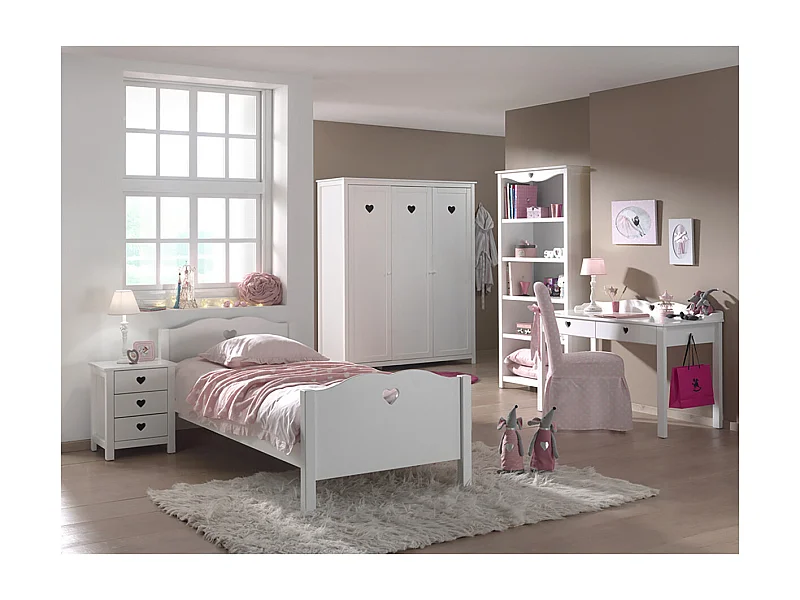 MILADY - Lit 90x200cm avec Sommier + Chevet + Armoire 3P + Pack Bureau