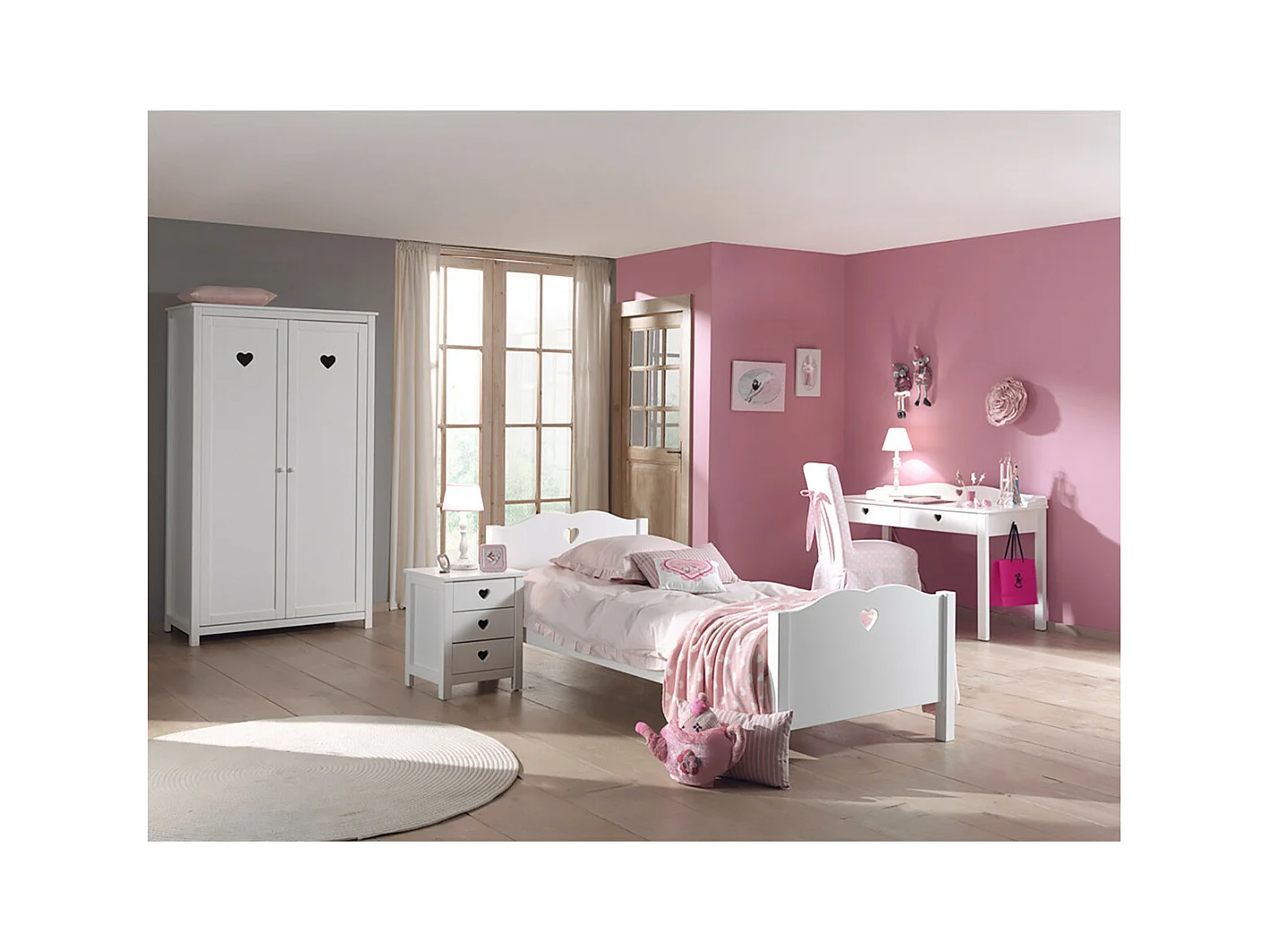 MILADY - Lit 90x200cm avec Sommier + Chevet + Armoire 2P + Bureau