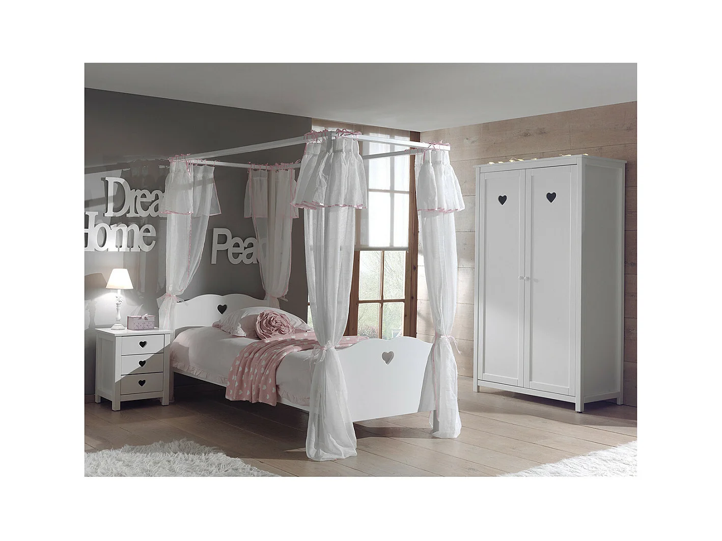 MILADY - Lit à Baldaquin 90x200cm et Rideaux + Chevet + Armoire 2P