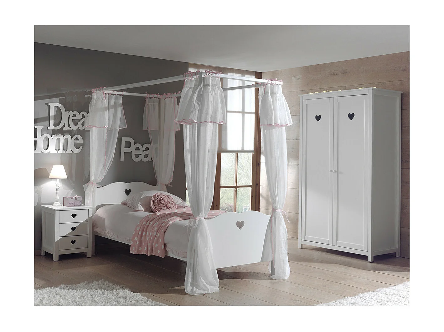 MILADY - Lit à Baldaquin 90x200cm et Rideaux + Chevet + Armoire 2P