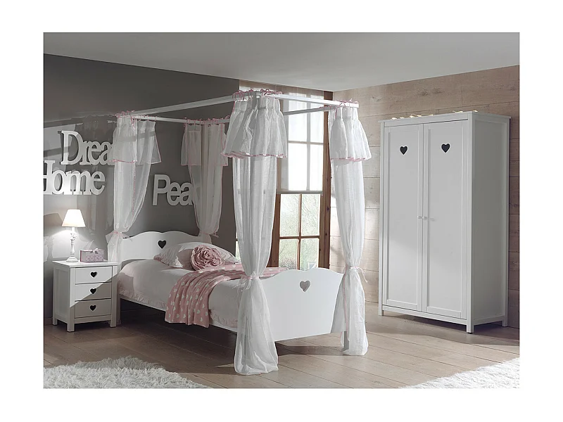 MILADY - Lit à Baldaquin 90x200cm et Rideaux + Chevet + Armoire 2P