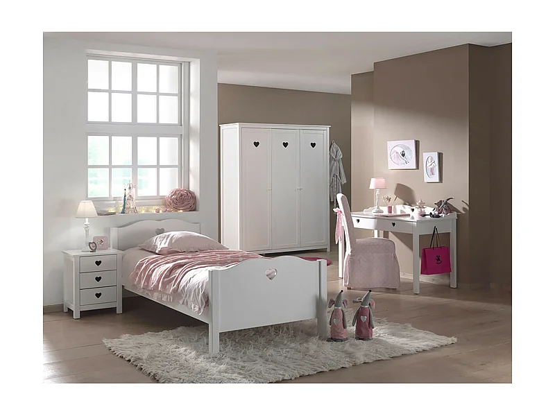 MILADY - Lit 90x200cm + Chevet + Armoire 3 Portes + Bureau