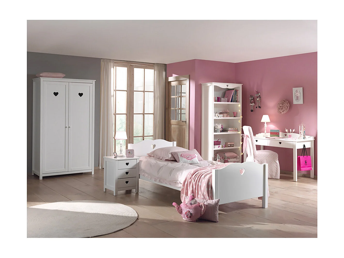 MILADY - Lit 90x200cm + Chevet + Armoire 2P + Pack Bureau