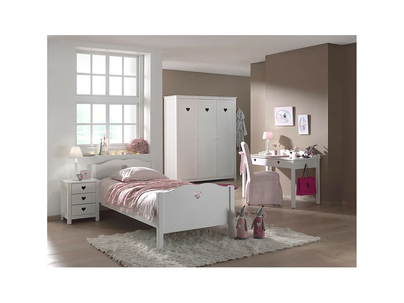 MILADY - Lit 90x200cm avec Sommier + Chevet + Armoire 3P + Bureau