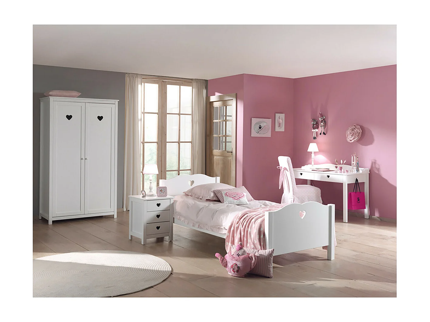 MILADY - Lit 90x200cm + Chevet + Armoire 2 Portes + Bureau