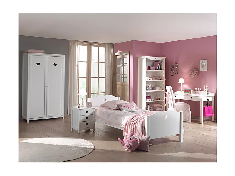 MILADY - Lit 90x200cm avec Sommier + Chevet + Armoire 2P + Pack Bureau