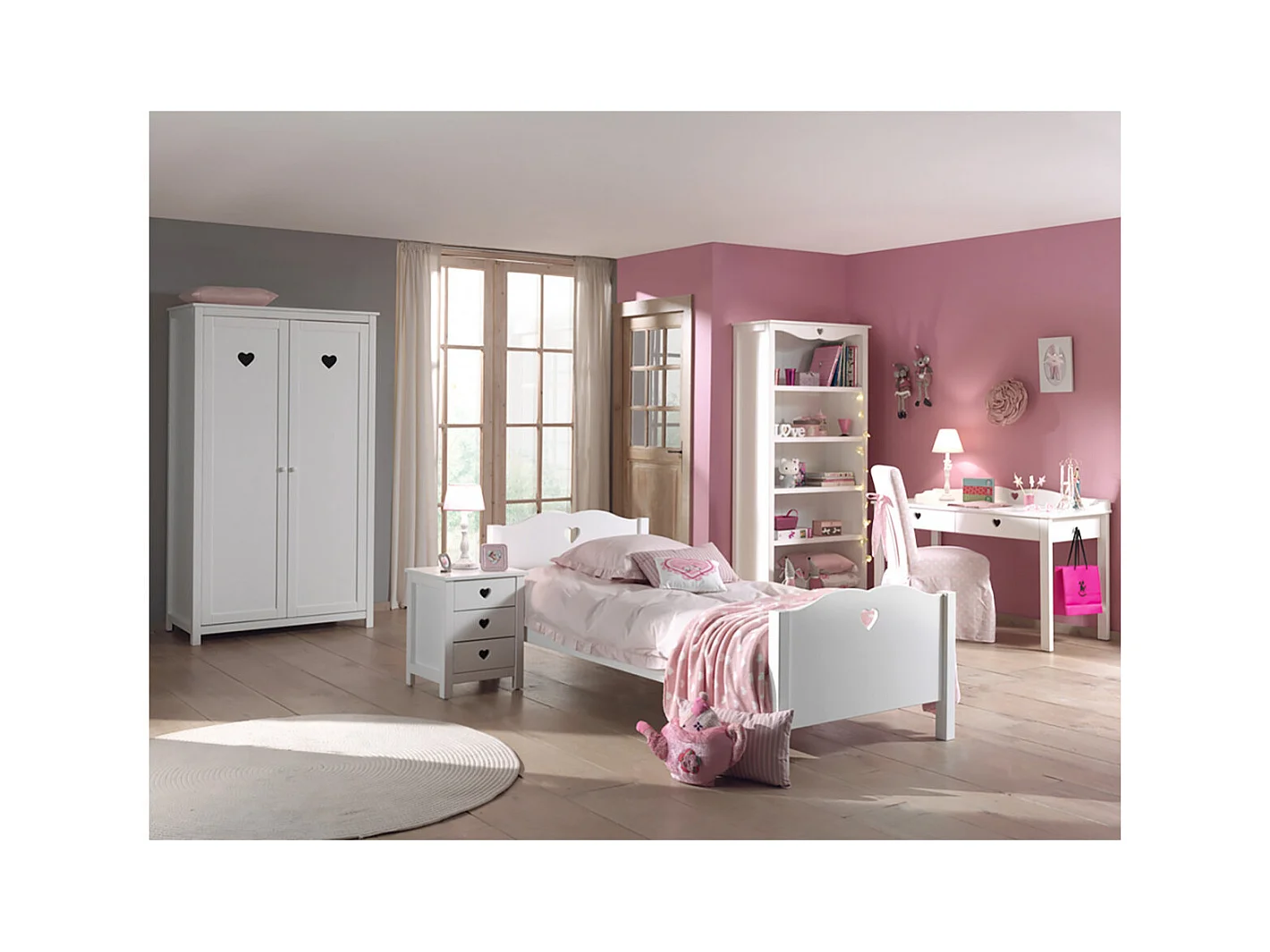 MILADY - Lit 90x200cm avec Sommier + Chevet + Armoire 2P + Pack Bureau