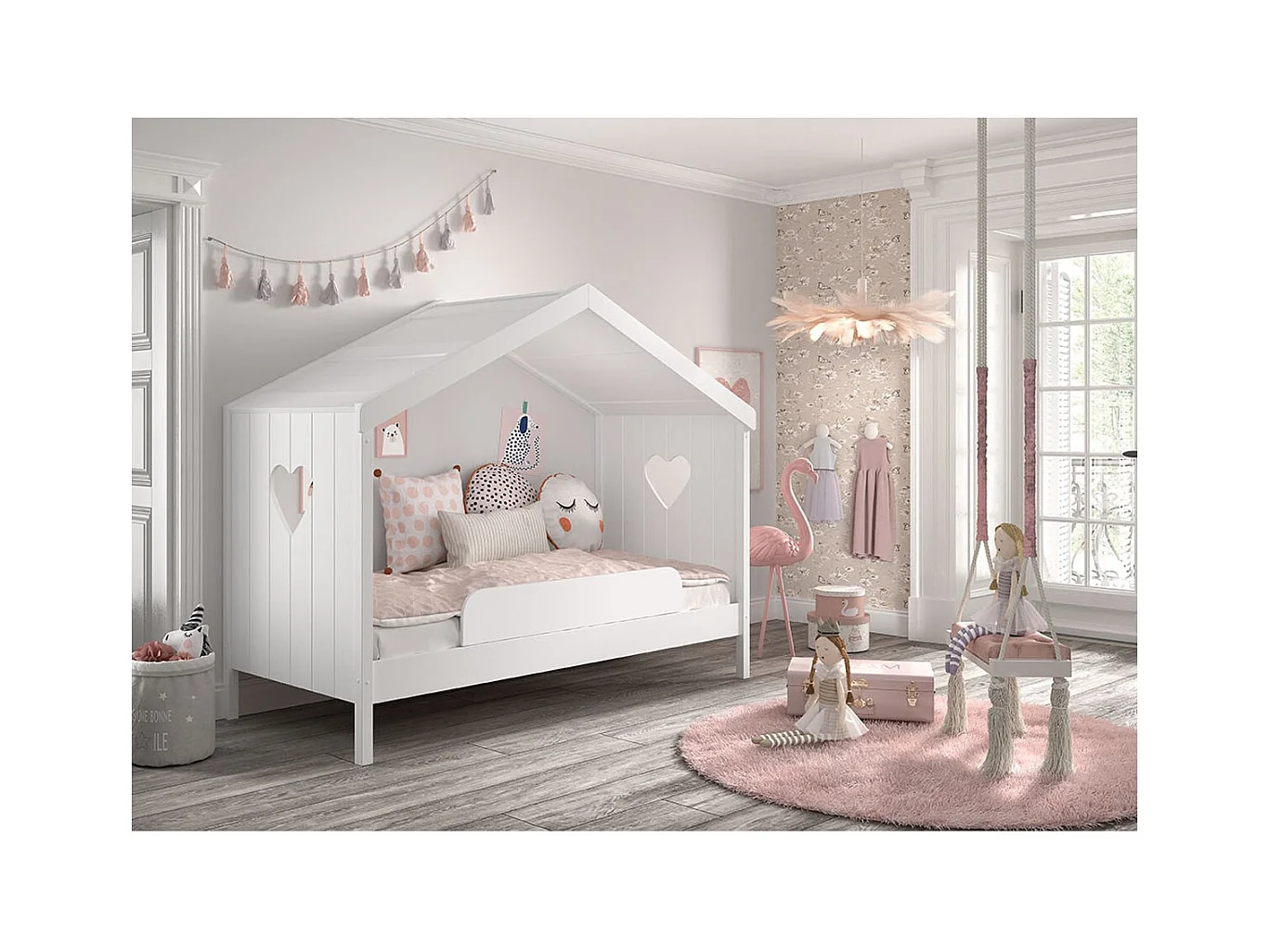 MILADY - Lit Cabane Ouvert 90x200cm avec Barrière de Lit