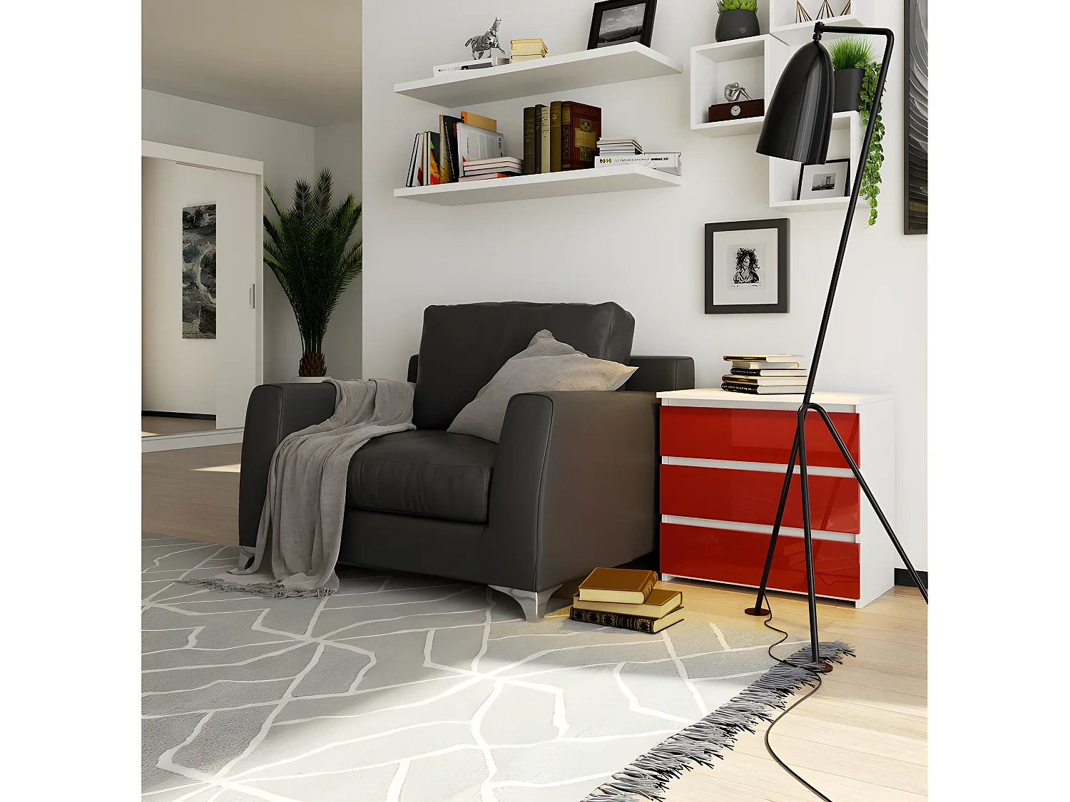 SHALA - Comodino in stile moderno per camera da letto - 60x57x35 - 3 cassetti