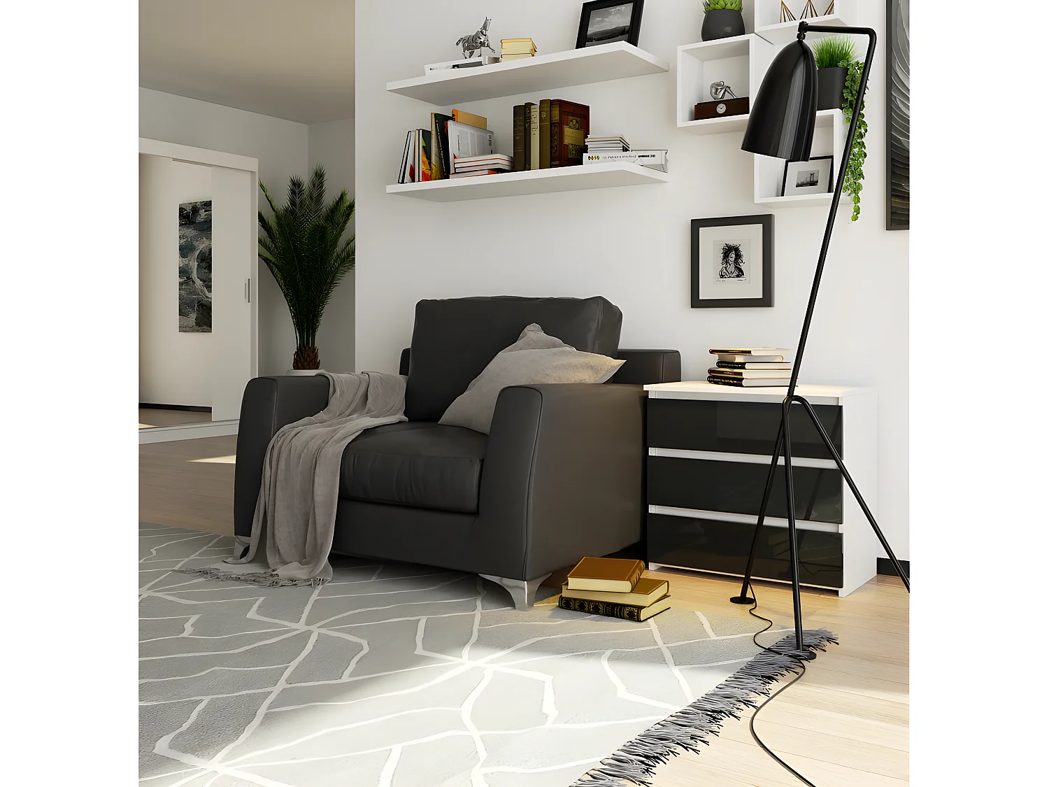 SHALA - Comodino in stile moderno per camera da letto - 60x57x35 - 3 cassetti spaziosi