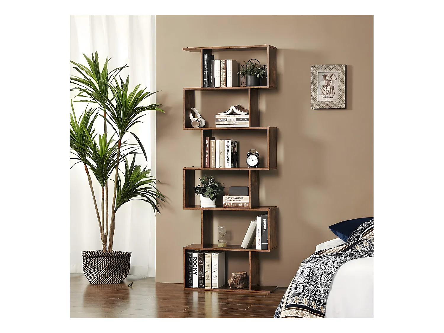 LEBELY - Bibliothèque style rustique salon/chambre à coucher - 190.5x70x24 cm - 6 tablettes