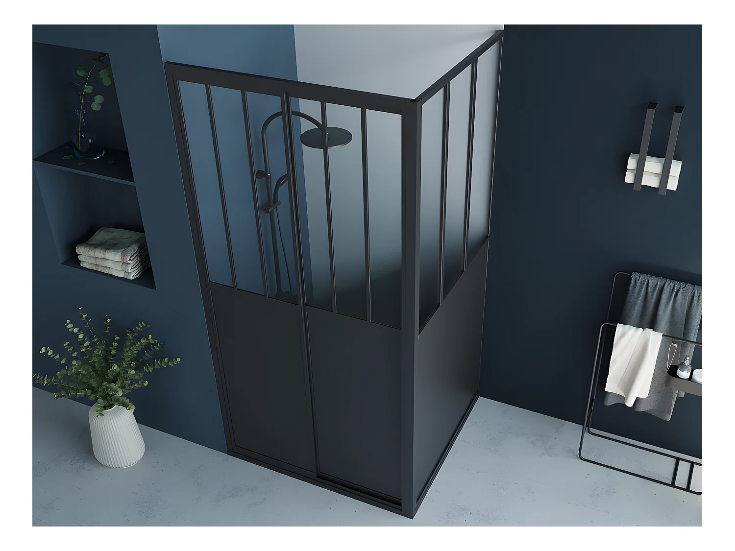 Paroi de douche avec porte coulissante noir mat style industriel - 100 x 80 x 195 cm - URBANIK