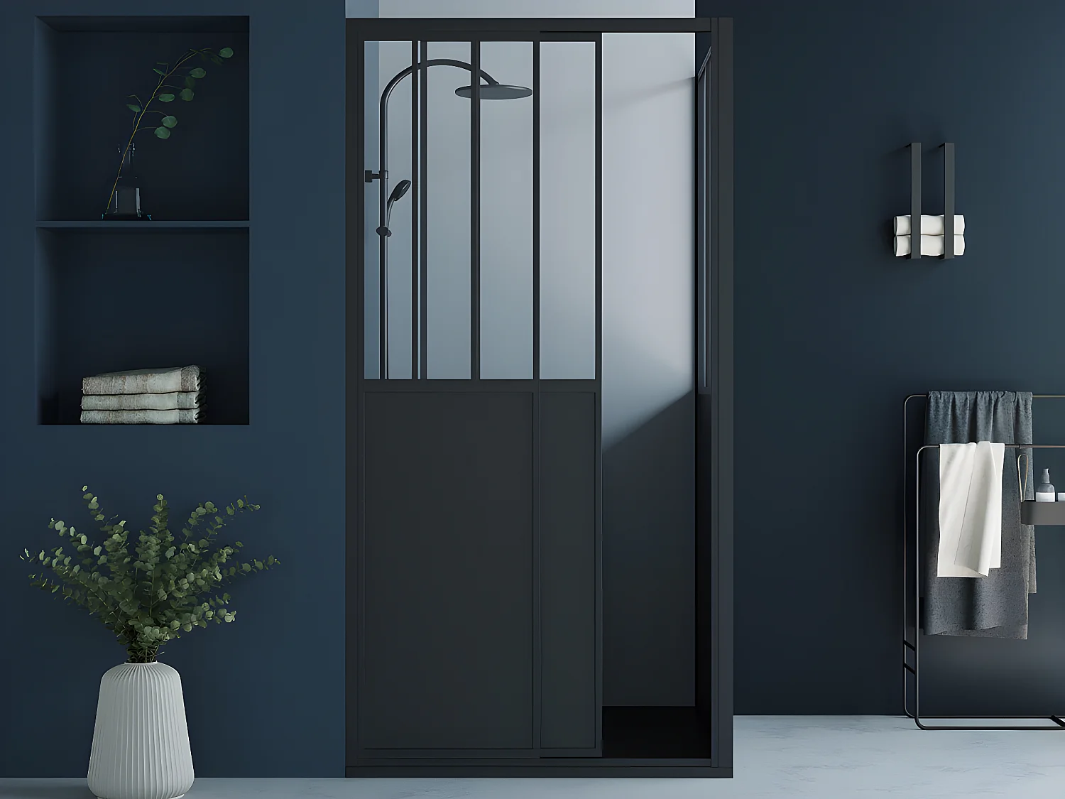 Paroi de douche avec porte coulissante noir mat style industriel - 100 x 80 x 195 cm - URBANIK