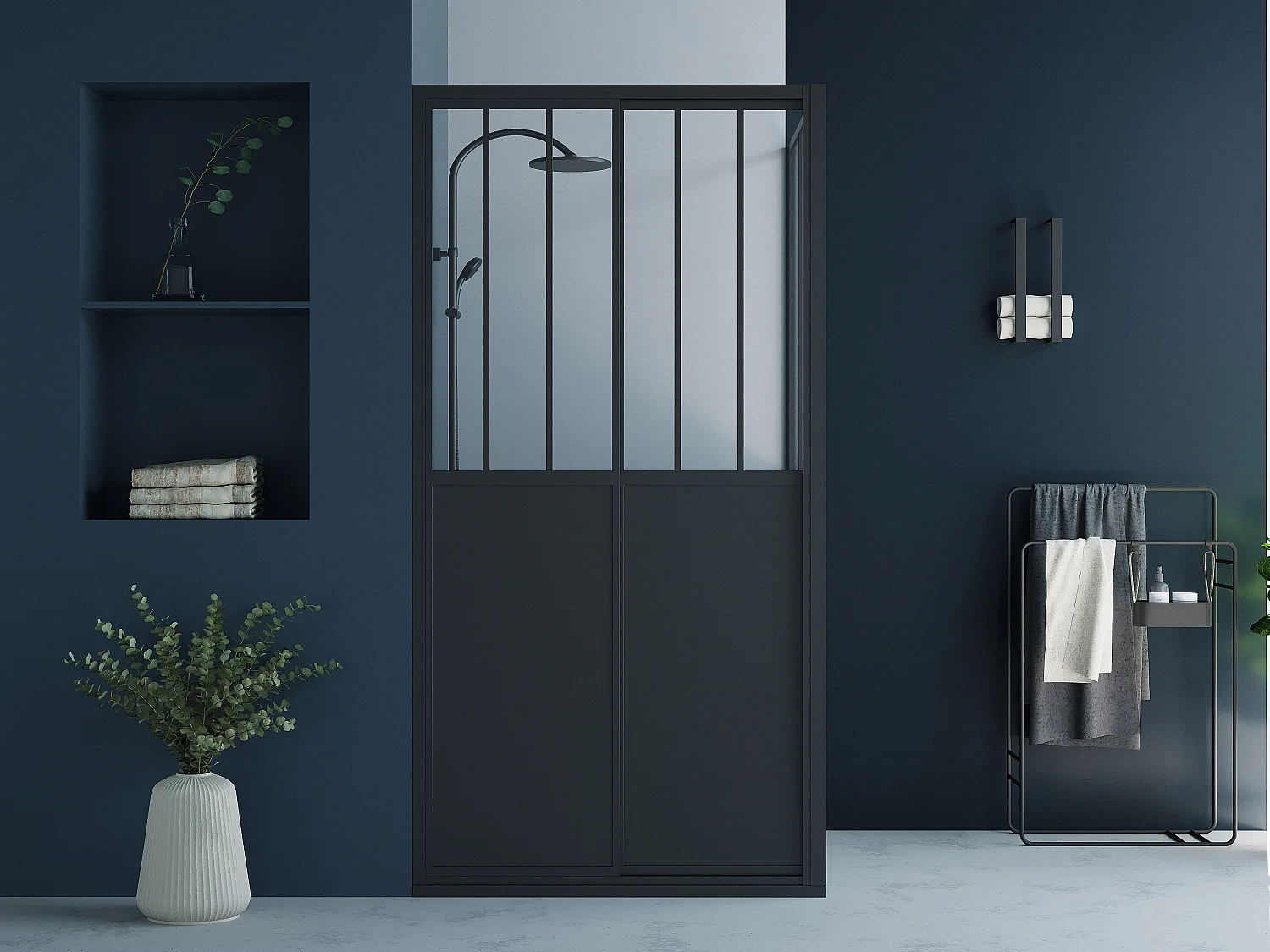 Paroi de douche avec porte coulissante noir mat style industriel - 100 x 80 x 195 cm - URBANIK