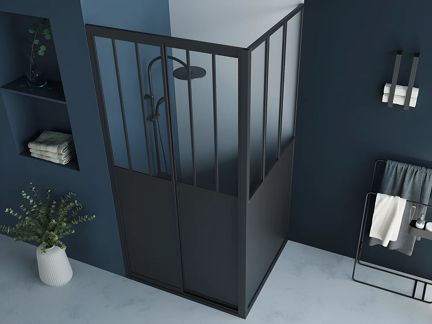 Paroi de douche avec porte coulissante noir mat style industriel - 100 x 80 x 195 cm - URBANIK