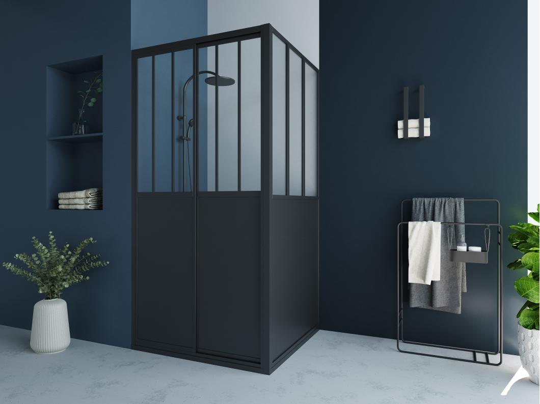 Paroi de douche avec porte coulissante noir mat style industriel - 100 x 80 x 195 cm - URBANIK