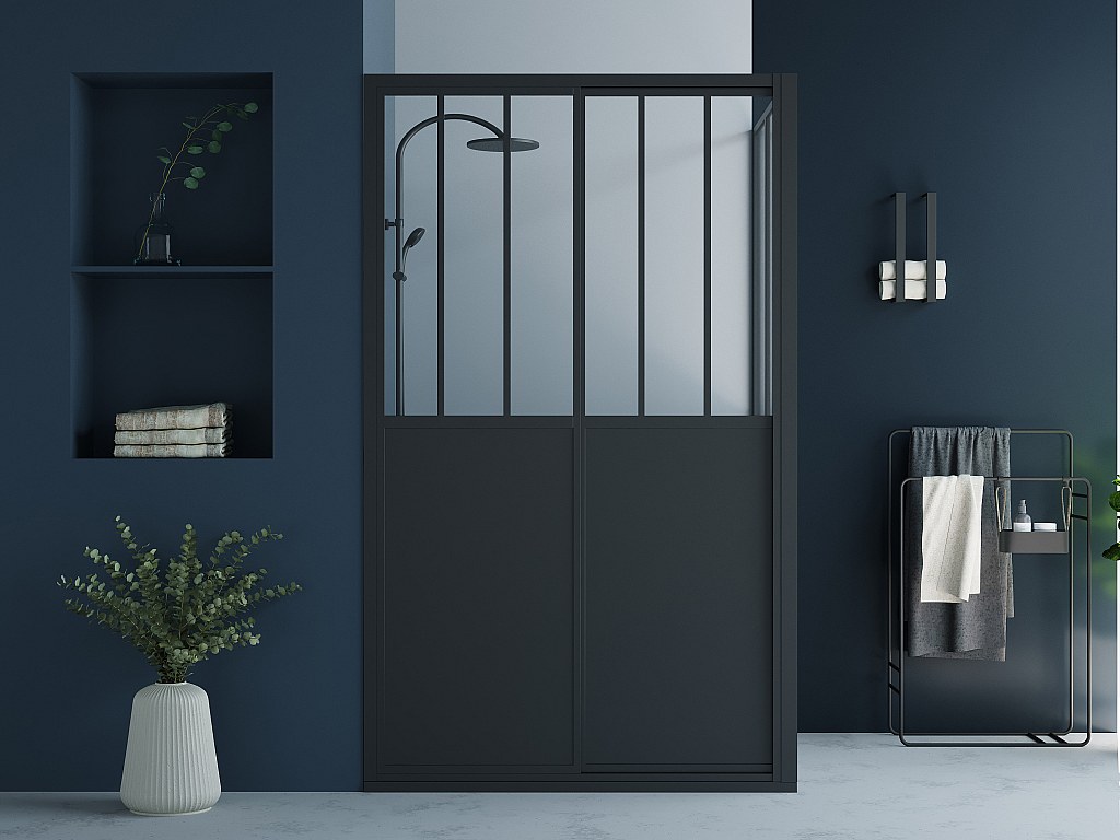 Duschtrennwand mit Schiebetür - Industrial Style - 120 x 80 x 195 cm - Schwarz matt - URBANIK