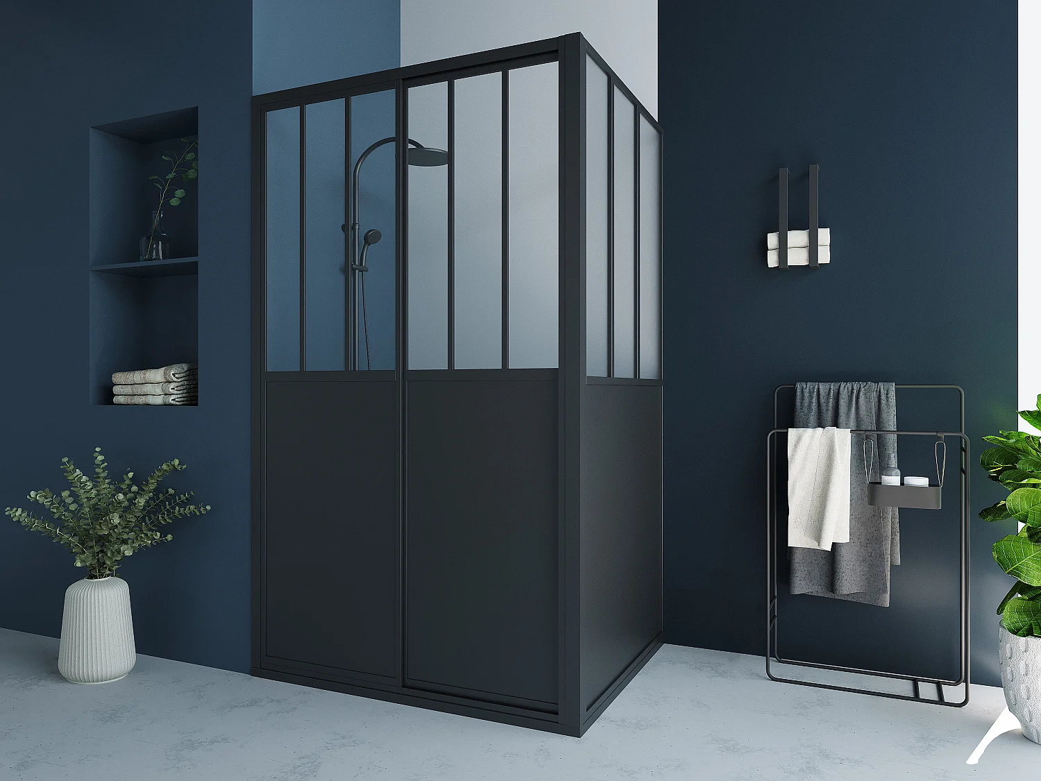 Parete doccia con porta scorrevole 120 x 80 x 195 cm Nero opaco Stile industriale - URBANIK