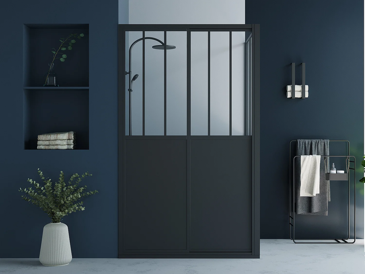 Parete doccia con porta scorrevole 120 x 80 x 195 cm Nero opaco Stile industriale - URBANIK