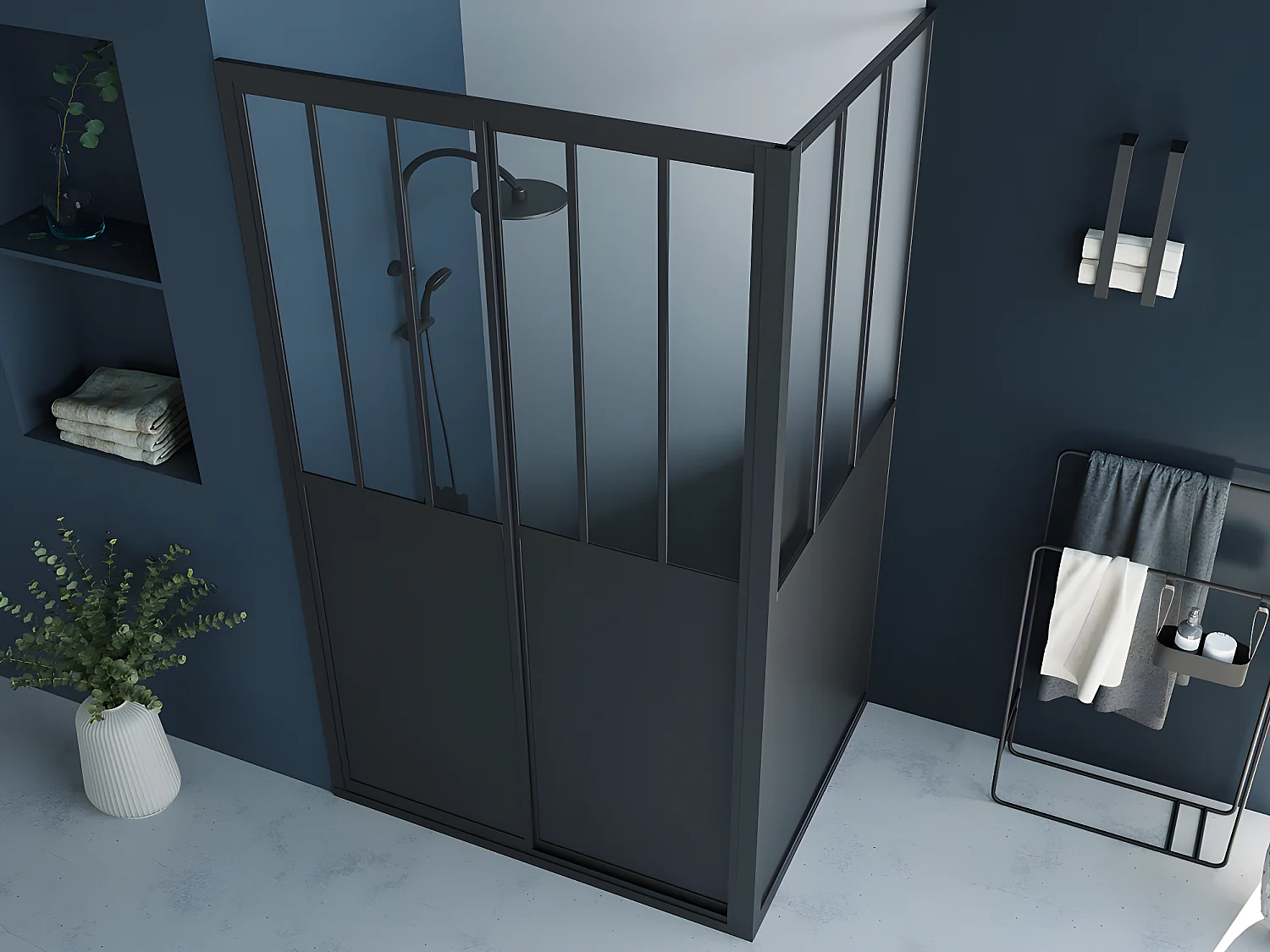 Paroi de douche avec porte coulissante noir mat style industriel - 120 x 80 x 195 cm - URBANIK