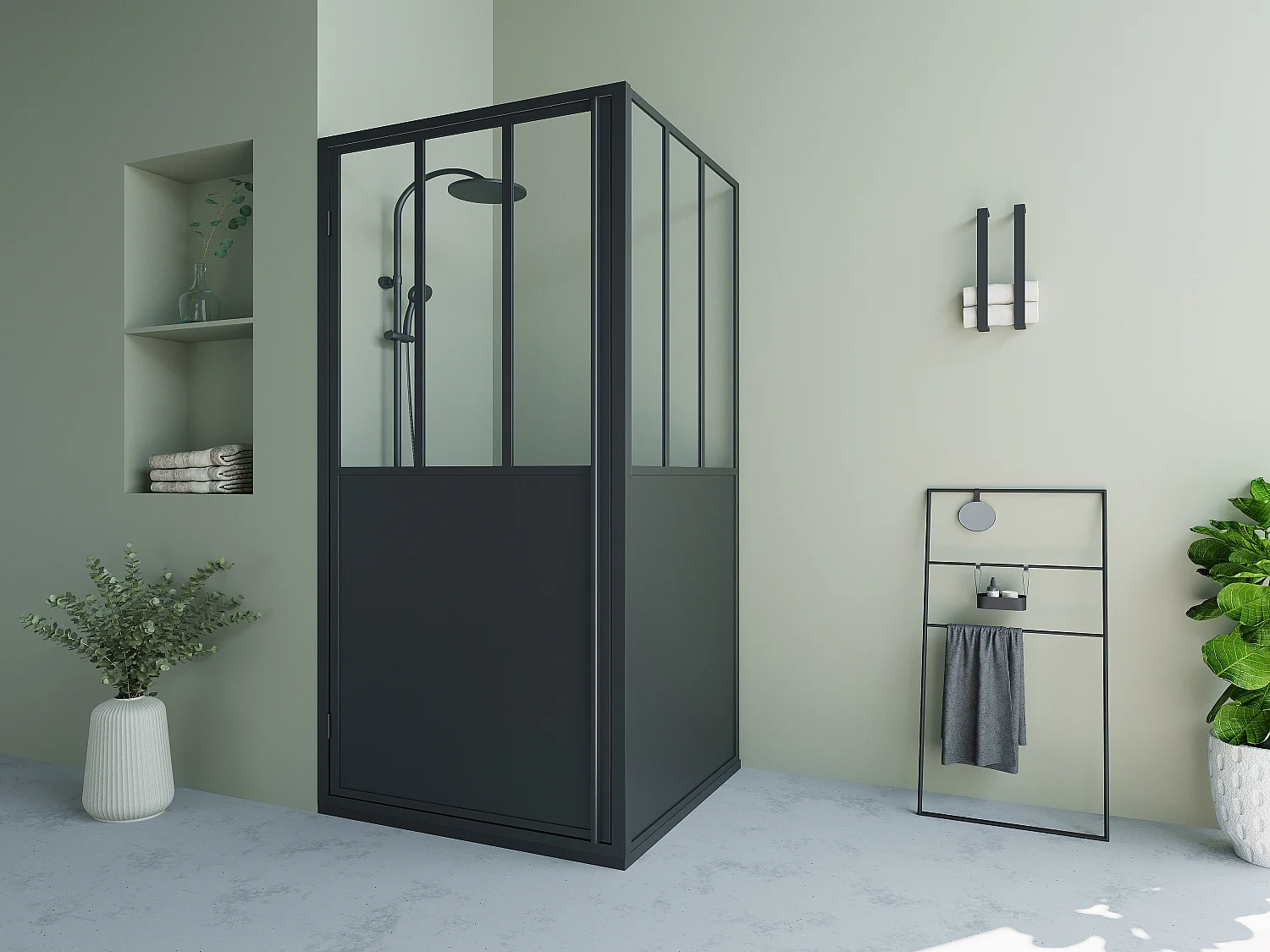 Paroi de douche avec porte pivotante noir mat style industriel - 80 x 195 cm - URBANIK