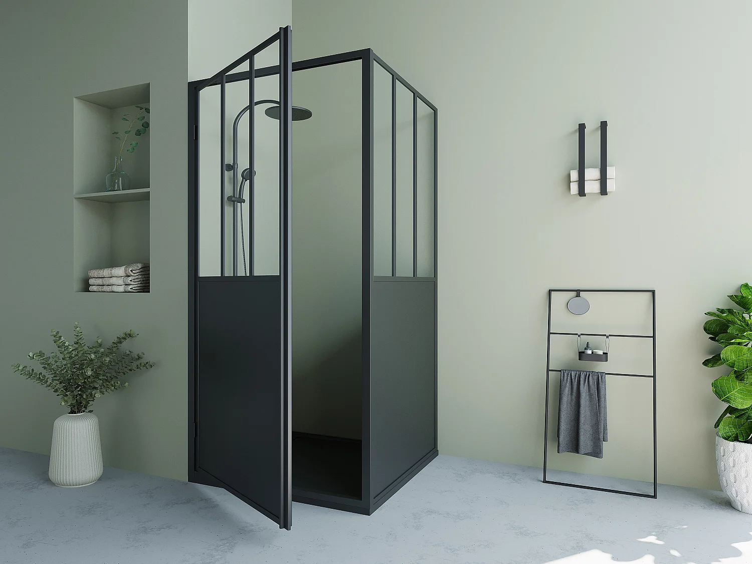 Paroi de douche avec porte pivotante noir mat style industriel - 80 x 195 cm - URBANIK
