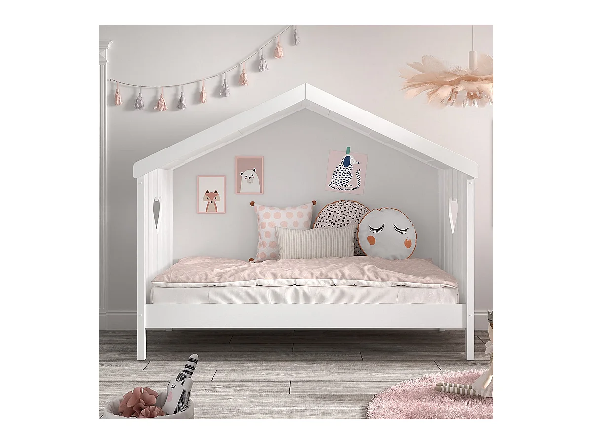 MILADY - Lit Cabane Ouvert 90x200cm Blanc Motifs Coeurs Ajourés