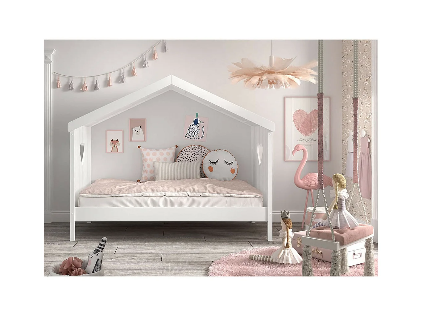 MILADY - Lit Cabane Ouvert 90x200cm Blanc Motifs Coeurs Ajourés