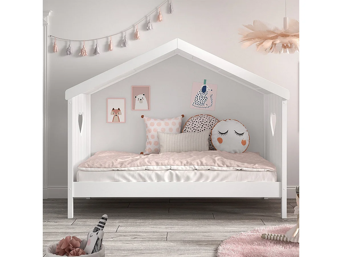 MILADY - Lit Cabane Ouvert 90x200cm Blanc Motifs Coeurs Ajourés