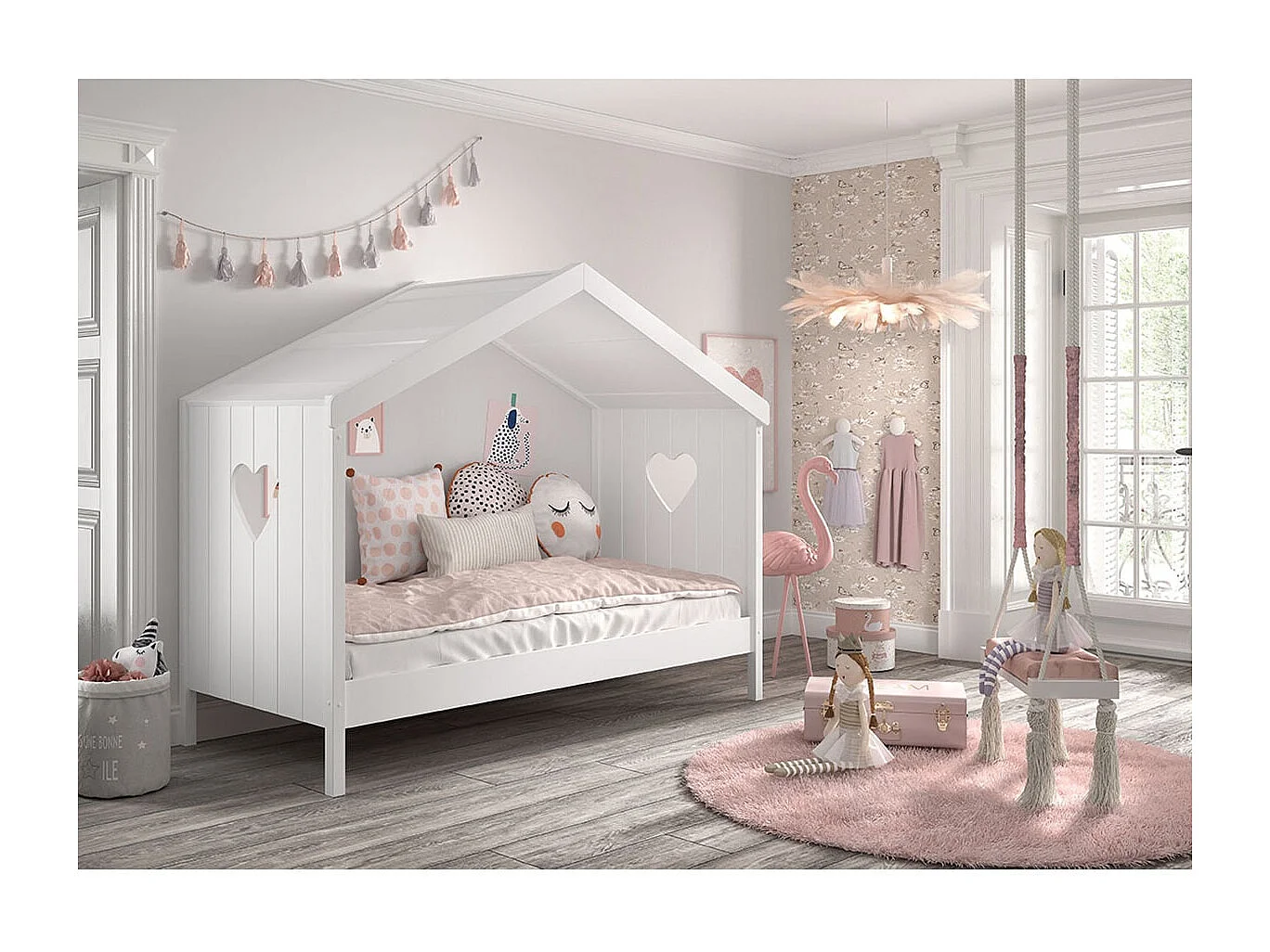 MILADY - Lit Cabane Ouvert 90x200cm Blanc Motifs Coeurs Ajourés