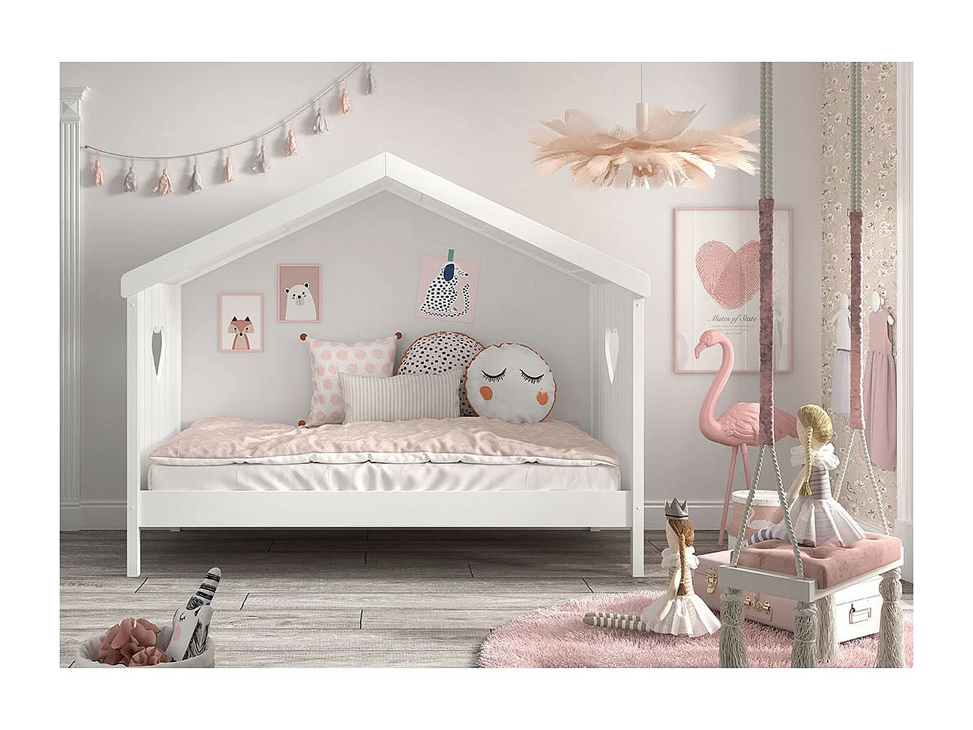 MILADY - Lit Cabane Ouvert 90x200cm Blanc Motifs Coeurs Ajourés