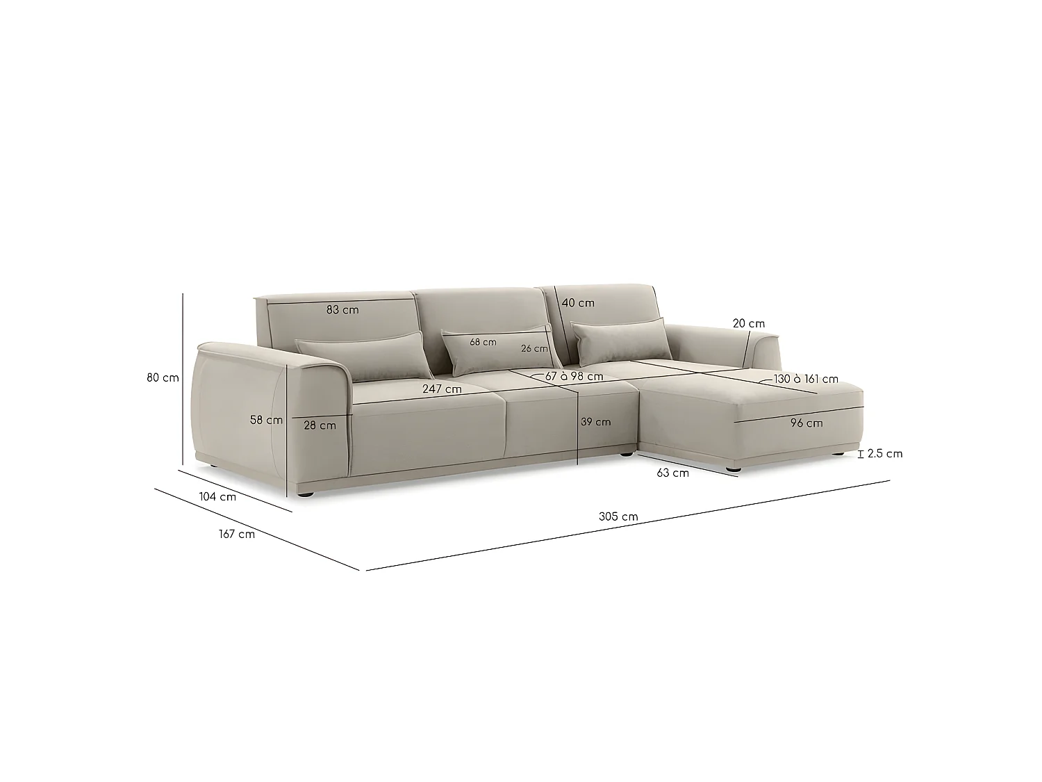 Canapé angle droit tissu microfibre taupe dossiers réglables - BILLY