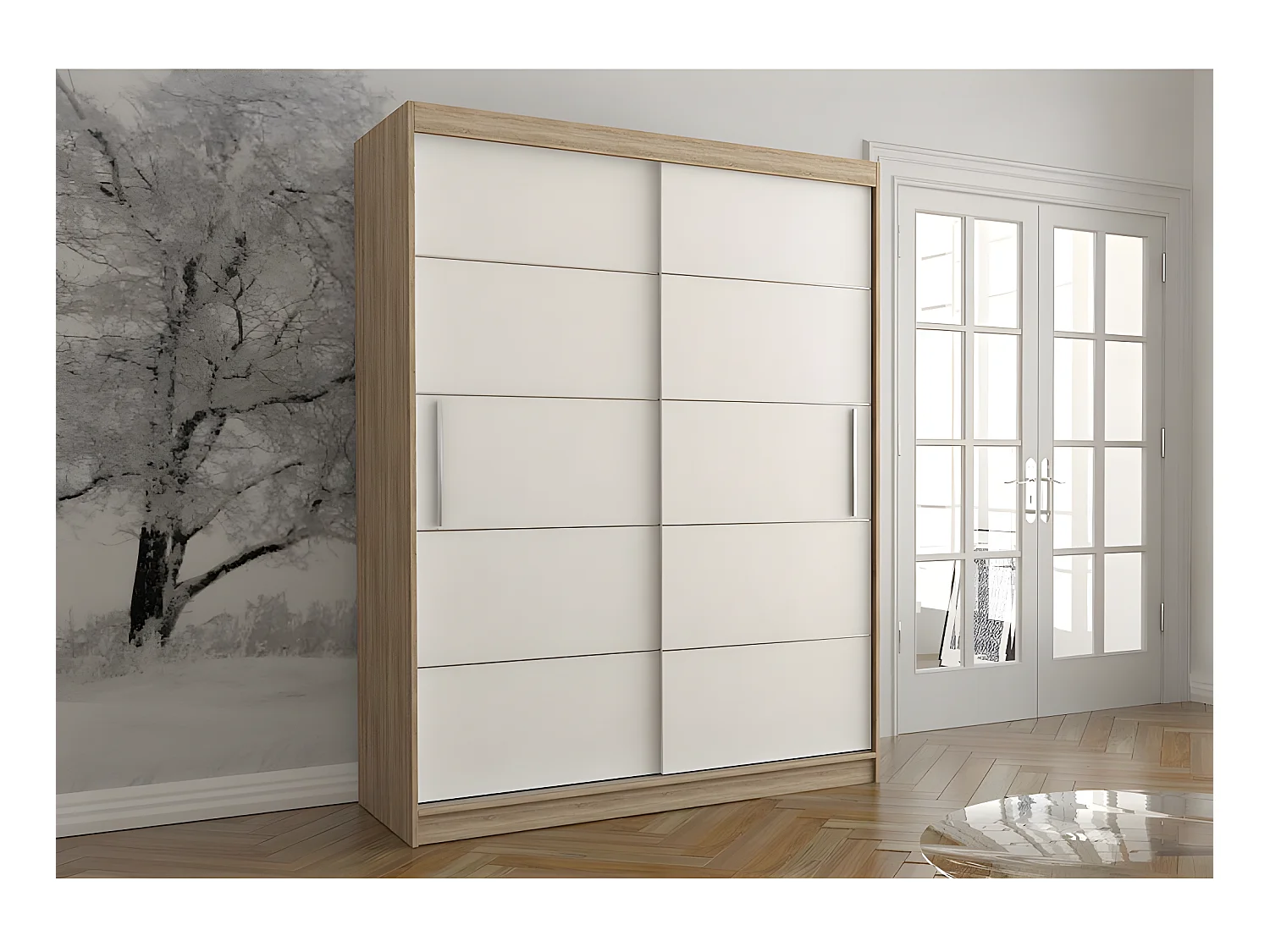 VIELL - Grande armoire à portes coulissantes - 5 étagères + tringle - 150x61x200 cm