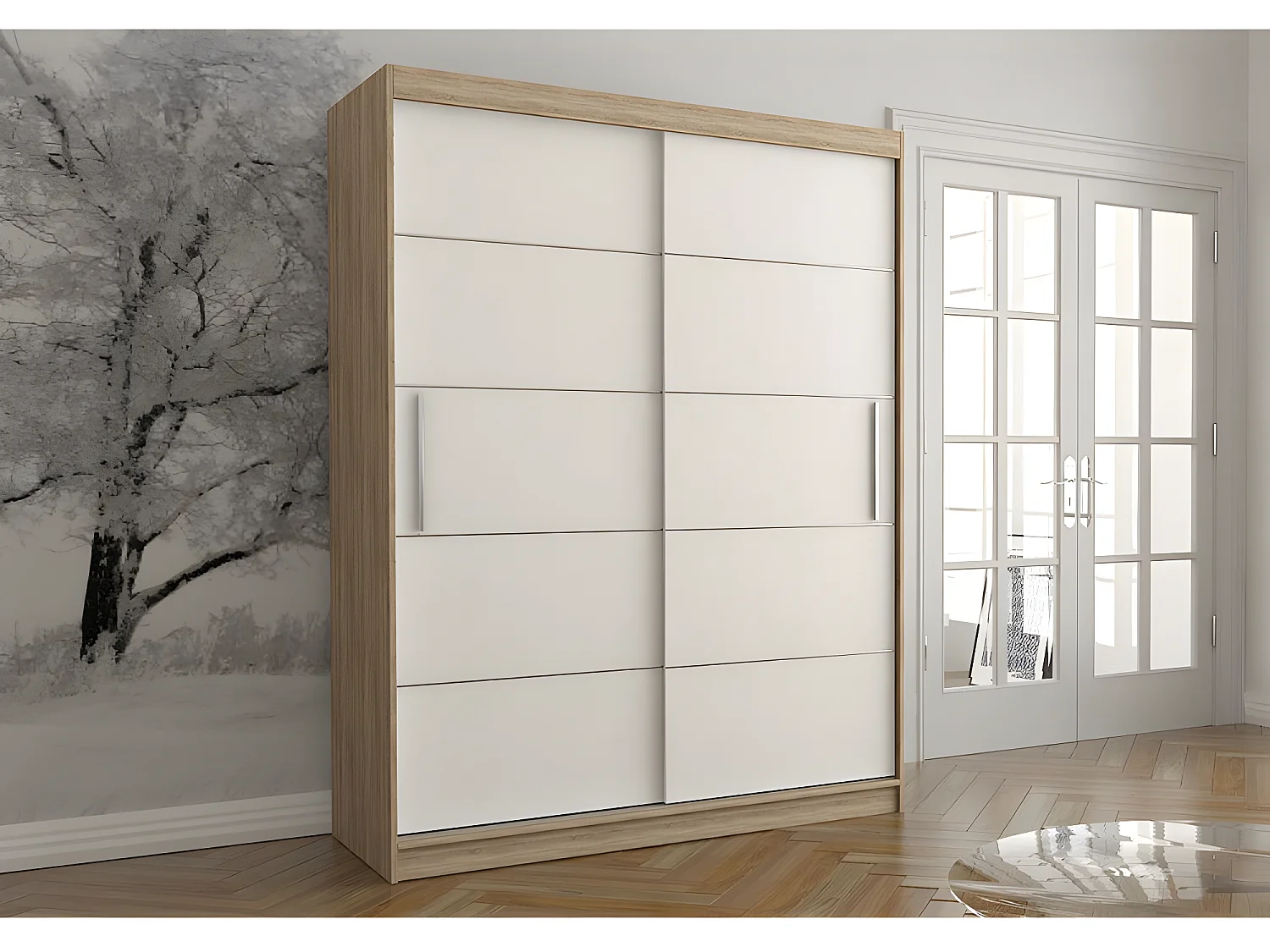 VIELL - Grande armoire à portes coulissantes - 5 étagères + tringle - 150x61x200 cm