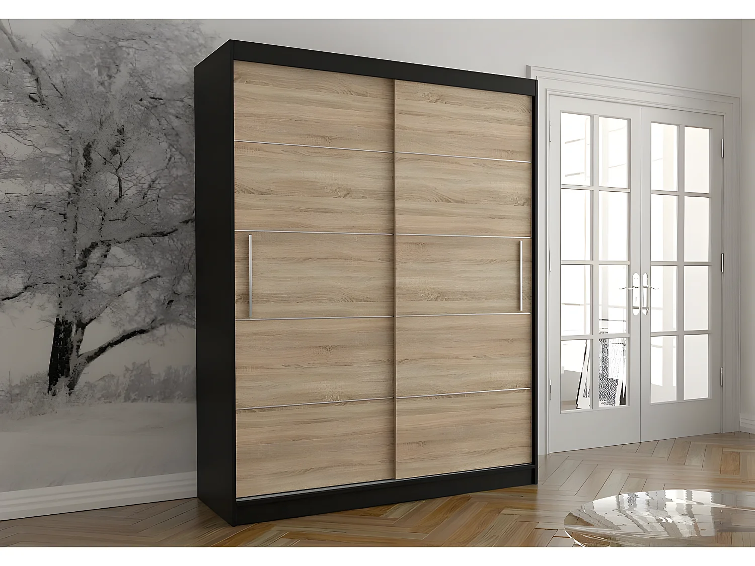 VIELL - Armario grande con puertas correderas - 5 baldas + barra - 150x200x61 cm