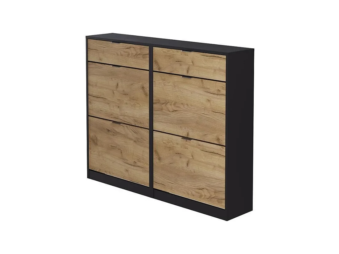 Meuble a chaussures - 4 portes 2 tiroirs - Chene et noir - 124x25x99 cm - Leona