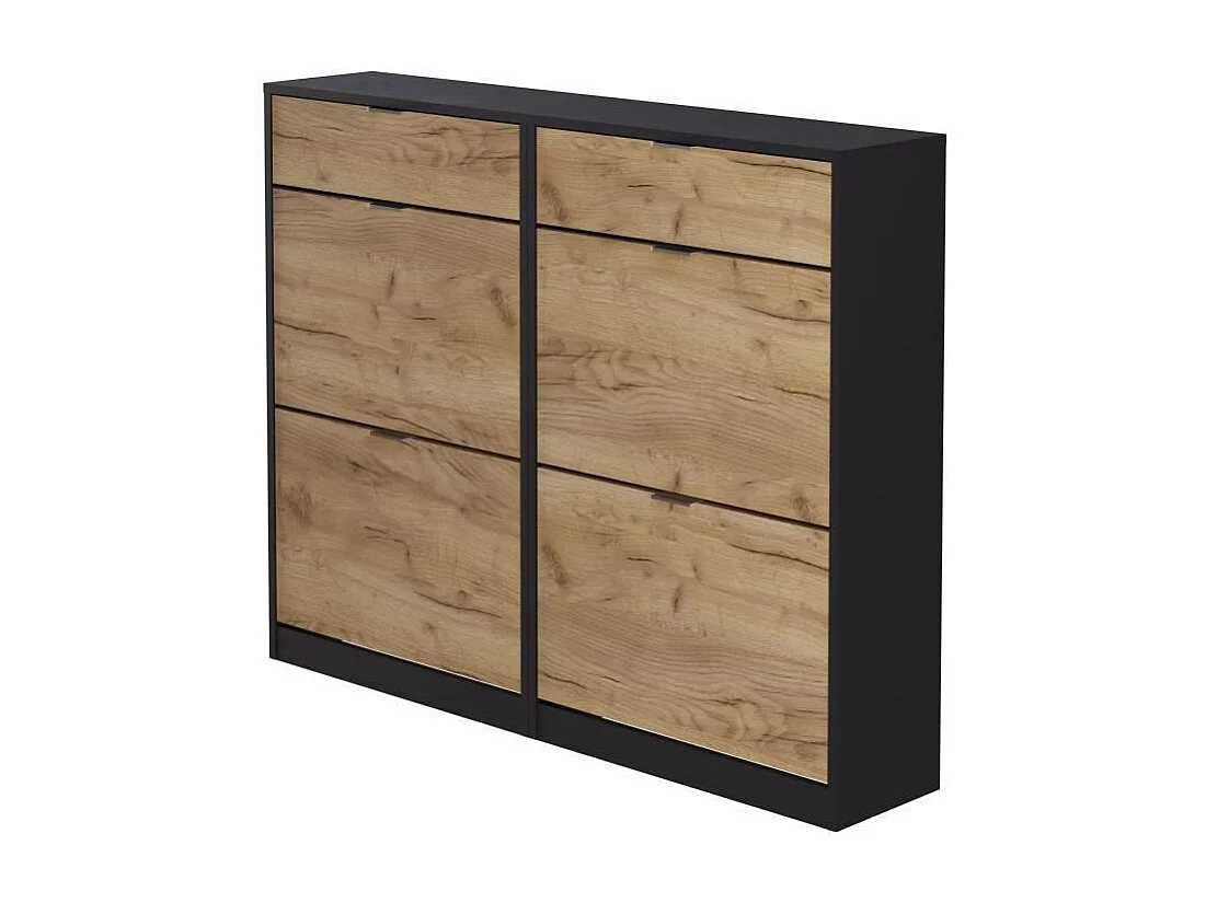 Meuble a chaussures - 4 portes 2 tiroirs - Chene et noir - 124x25x99 cm - Leona