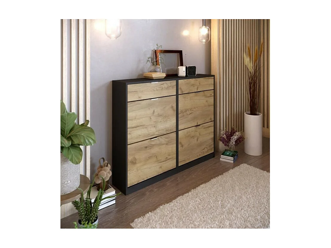 Meuble a chaussures - 4 portes 2 tiroirs - Chene et noir - 124x25x99 cm - Leona