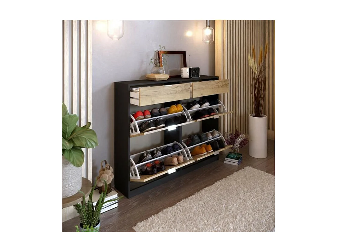 Meuble a chaussures - 4 portes 2 tiroirs - Chene et noir - 124x25x99 cm - Leona