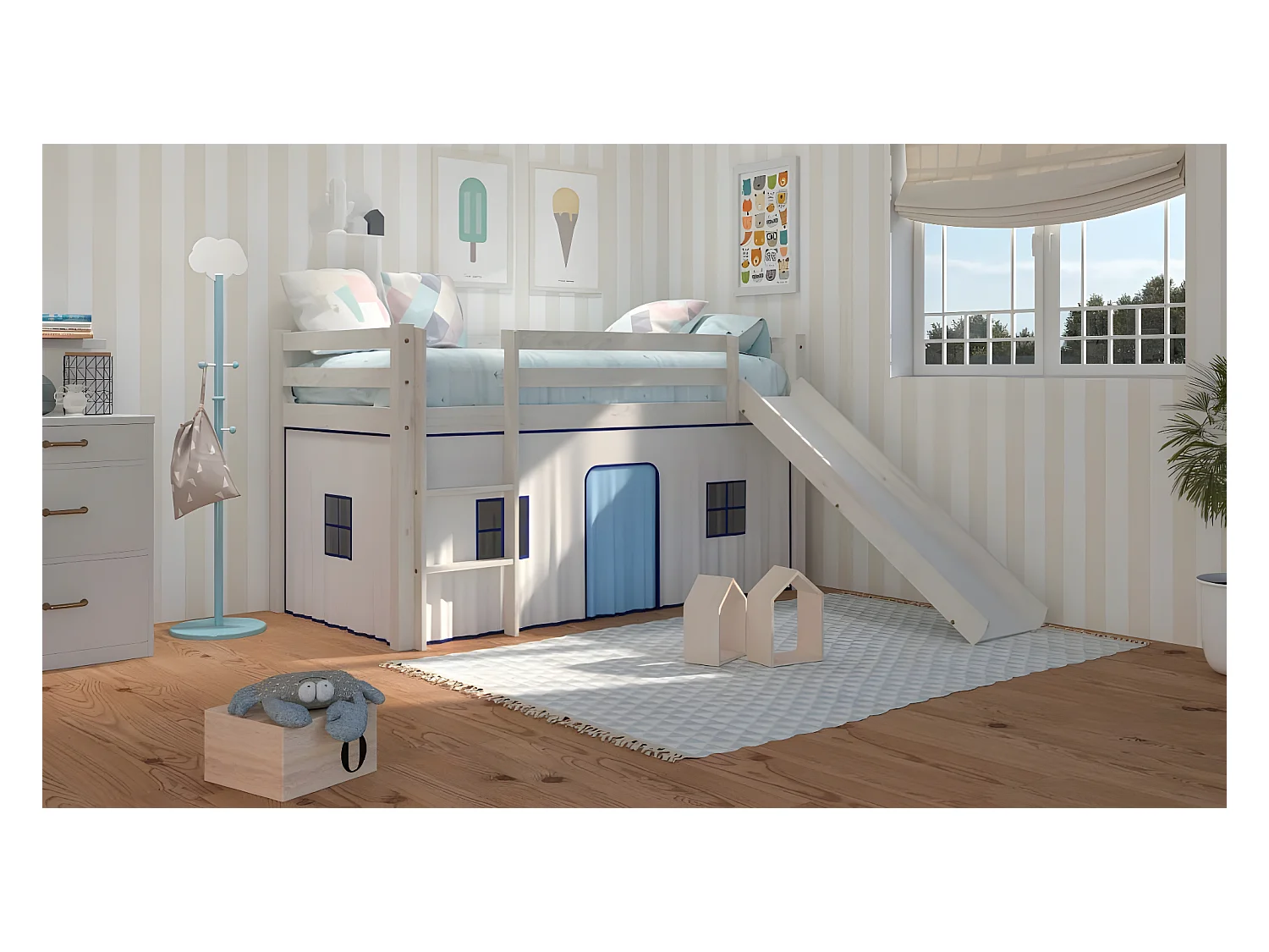 Lit Haut Pour Enfant Avec Toboggan Et Echelle En Bois De Pin Couleur Blanc Décapé - Venprodin