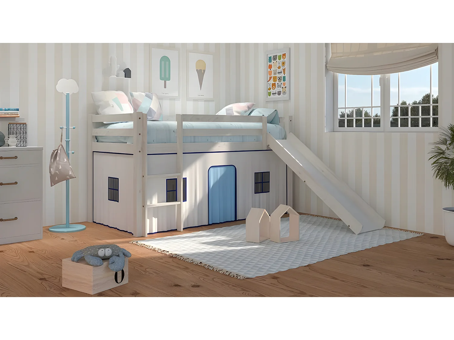 Lit Haut Pour Enfant Avec Toboggan Et Echelle En Bois De Pin Couleur Blanc Décapé - Venprodin