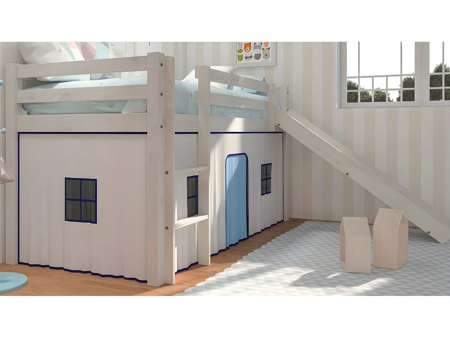 Lit Haut Pour Enfant Avec Toboggan Et Echelle En Bois De Pin Couleur Blanc Décapé - Venprodin